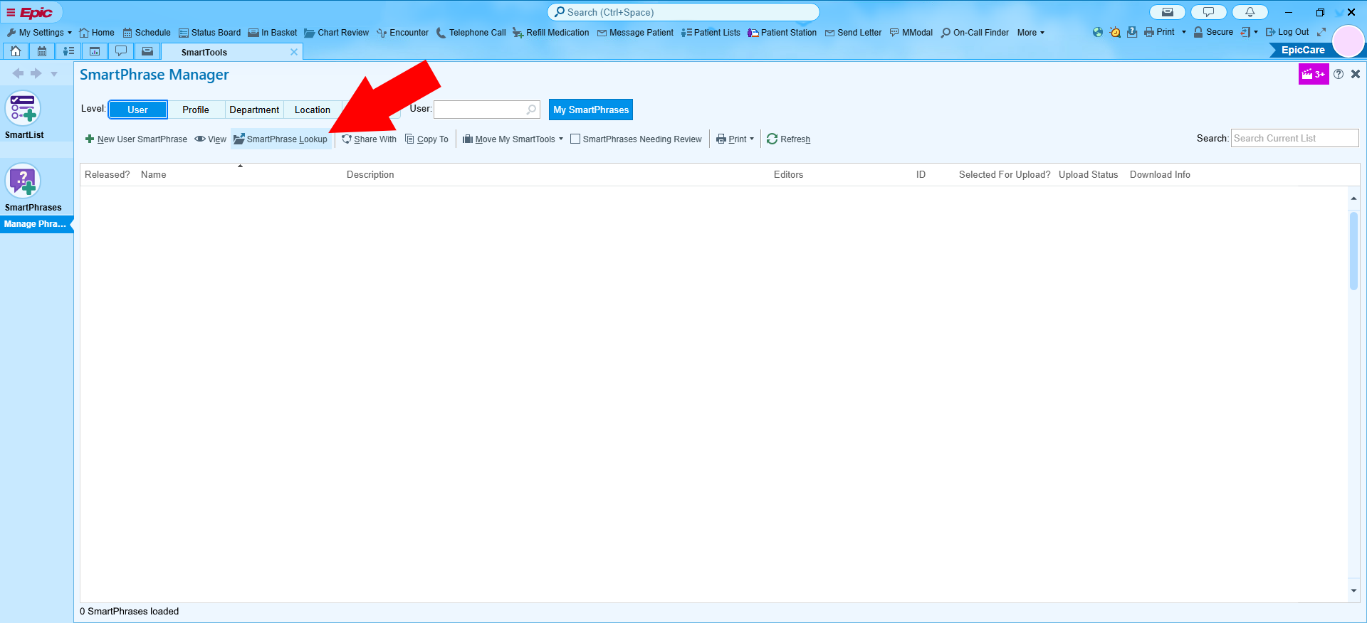 Click SmartPhrase Lookup